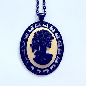 White and Black Skeleton Lady Cameo Necklace, NWT, Handmade